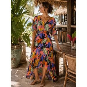Abel The Label Tropical Floral High Low Maxi Dress‎ Smocked Waist Womens Small